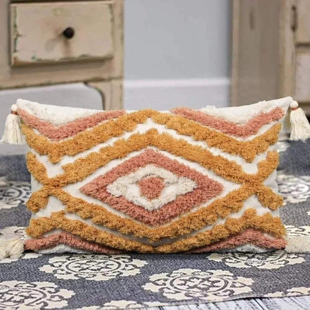 Pink/Orange Tassel Throw Pillow Covers 18x18, 12x20 Woven Tufted Living Room/Bed